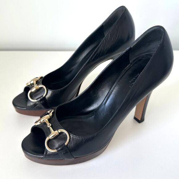 Gucci Classic Horsebit Black Leather Peep Toe Platform Heel Pumps Size 7 B - Picture 2 of 14